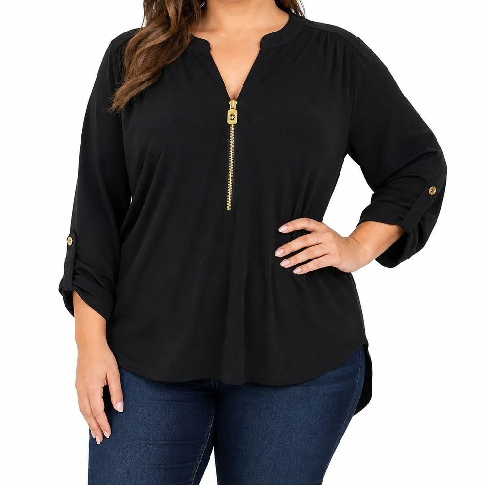 Michael Kors Black Zip Front Blouse Gold Hardware Roll Tab Sleeve 2X - Picture 1 of 12